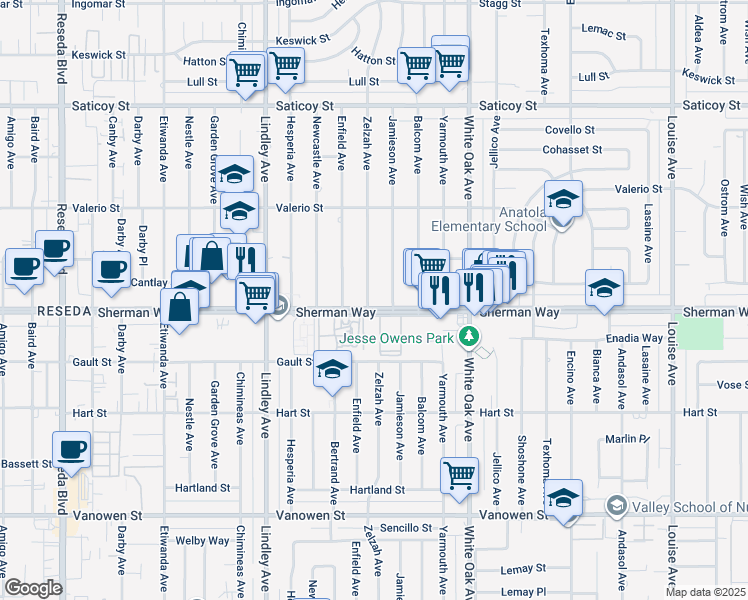 map of restaurants, bars, coffee shops, grocery stores, and more near 17845 Sherman Way in Los Angeles