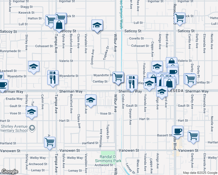 map of restaurants, bars, coffee shops, grocery stores, and more near 18945 Sherman Way in Los Angeles