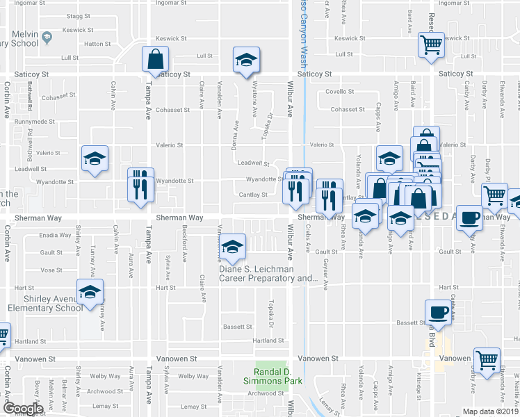 map of restaurants, bars, coffee shops, grocery stores, and more near 18945 Sherman Way in Los Angeles