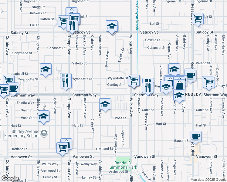 map of restaurants, bars, coffee shops, grocery stores, and more near 19035 Sherman Way in Los Angeles