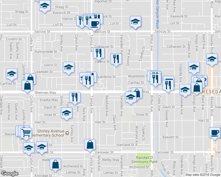 map of restaurants, bars, coffee shops, grocery stores, and more near 19145 Sherman Way in Los Angeles