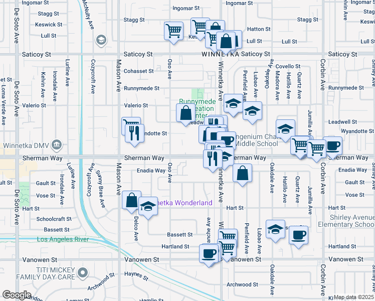 map of restaurants, bars, coffee shops, grocery stores, and more near 20211 Sherman Way in Los Angeles