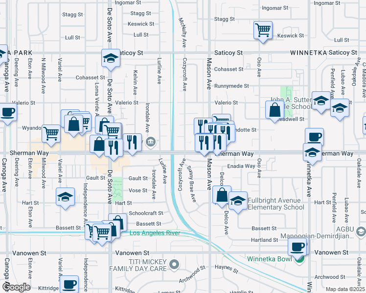 map of restaurants, bars, coffee shops, grocery stores, and more near 7211 Cozycroft Avenue in Los Angeles