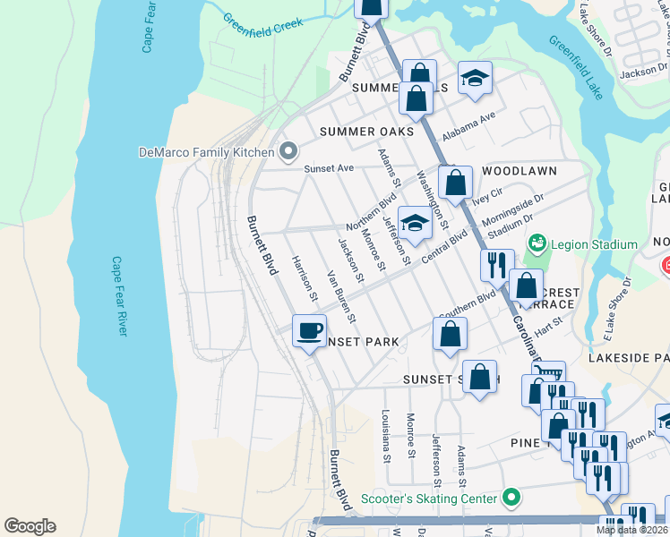 map of restaurants, bars, coffee shops, grocery stores, and more near 2049 Van Buren Street in Wilmington