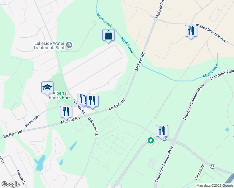 map of restaurants, bars, coffee shops, grocery stores, and more near 5385 McEver Road in Flowery Branch