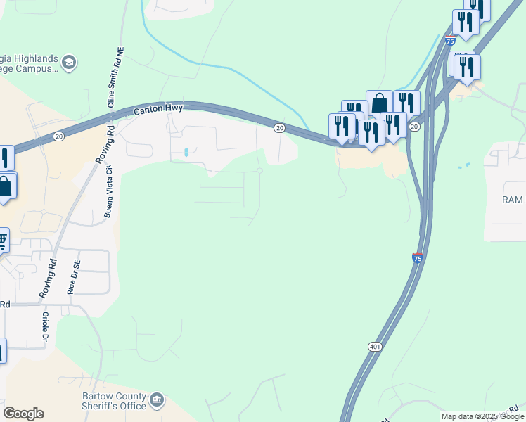 map of restaurants, bars, coffee shops, grocery stores, and more near Joe Lee Road Southeast in Cartersville