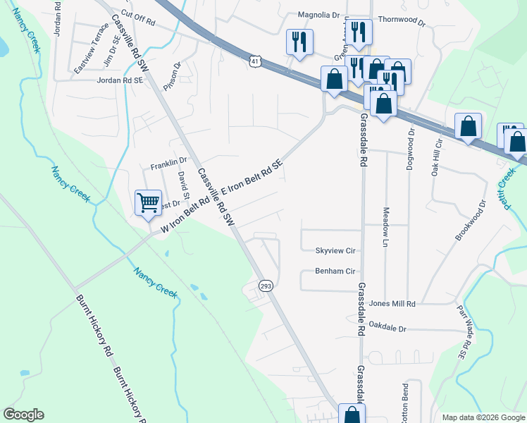 map of restaurants, bars, coffee shops, grocery stores, and more near 28 Penny Lane in Cartersville