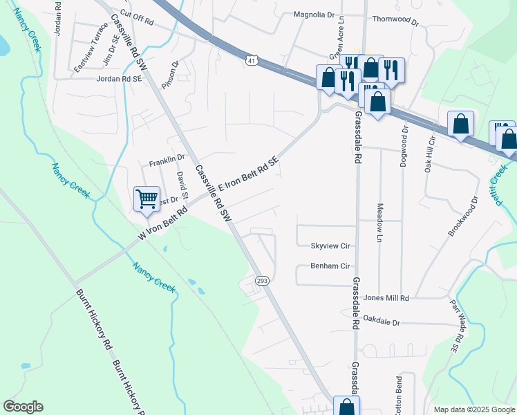 map of restaurants, bars, coffee shops, grocery stores, and more near 28 Penny Lane in Cartersville