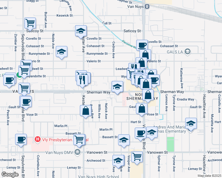 map of restaurants, bars, coffee shops, grocery stores, and more near Kester Avenue in Los Angeles
