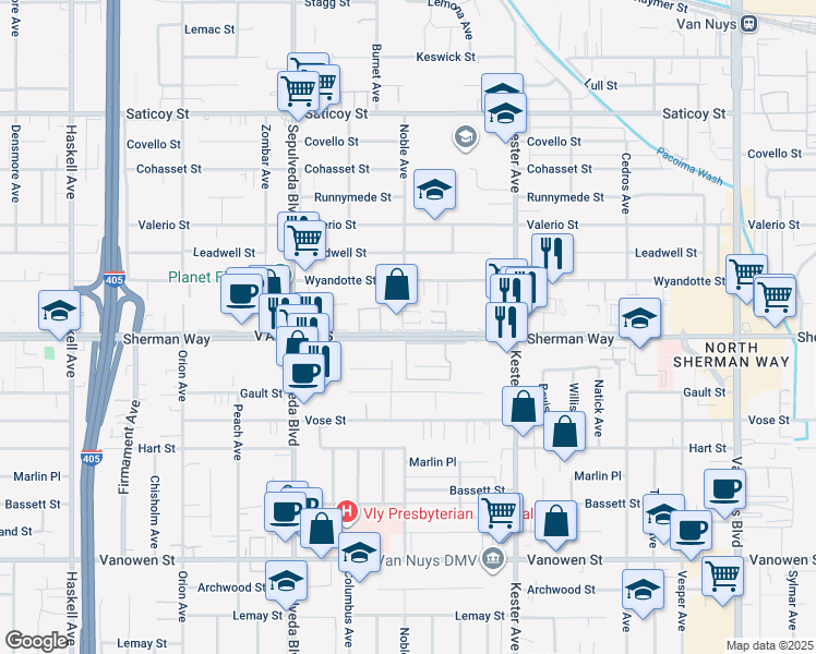 map of restaurants, bars, coffee shops, grocery stores, and more near 15053 Sherman Way in Los Angeles