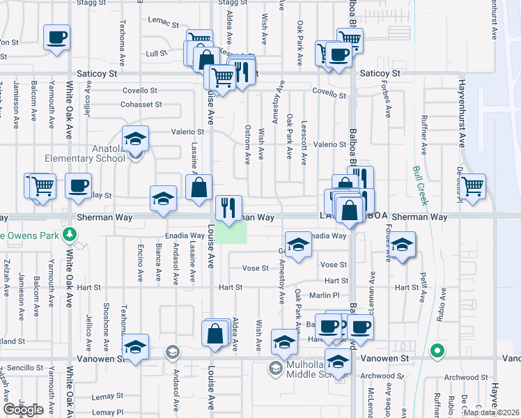 map of restaurants, bars, coffee shops, grocery stores, and more near 17167 Sherman Way in Los Angeles