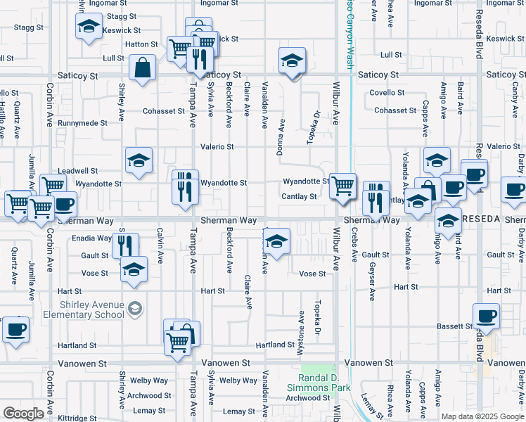 map of restaurants, bars, coffee shops, grocery stores, and more near 19103 Sherman Way in Los Angeles