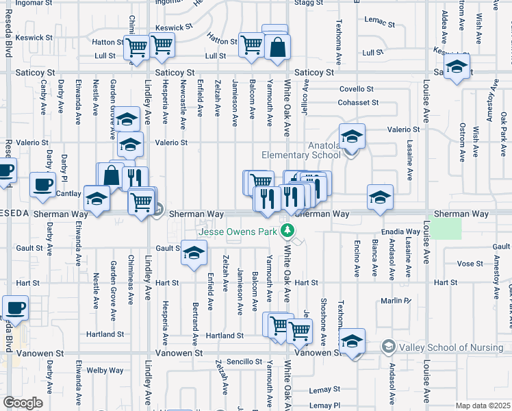 map of restaurants, bars, coffee shops, grocery stores, and more near 17801 Sherman Way in Los Angeles