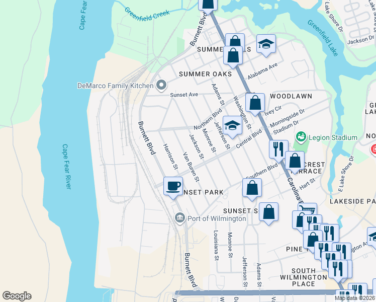 map of restaurants, bars, coffee shops, grocery stores, and more near 2049 Van Buren Street in Wilmington