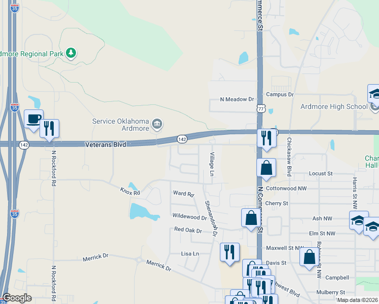 map of restaurants, bars, coffee shops, grocery stores, and more near 1611 Rustic Drive in Ardmore