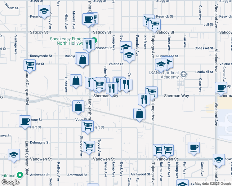 map of restaurants, bars, coffee shops, grocery stores, and more near 11559 Sherman Way in Los Angeles