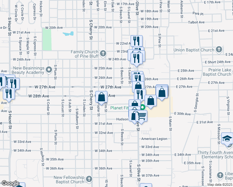 map of restaurants, bars, coffee shops, grocery stores, and more near 711 West 28th Avenue in Pine Bluff