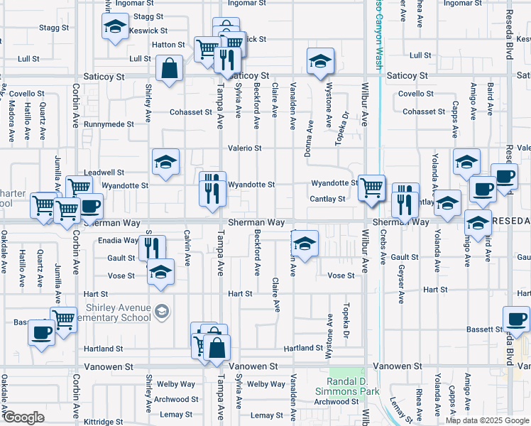 map of restaurants, bars, coffee shops, grocery stores, and more near 19145 Sherman Way in Los Angeles