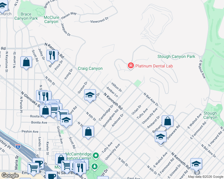 map of restaurants, bars, coffee shops, grocery stores, and more near 1906 Amber Lane in Burbank
