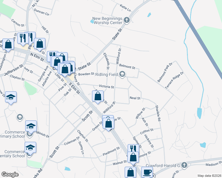 map of restaurants, bars, coffee shops, grocery stores, and more near 244 Victoria Street in Commerce