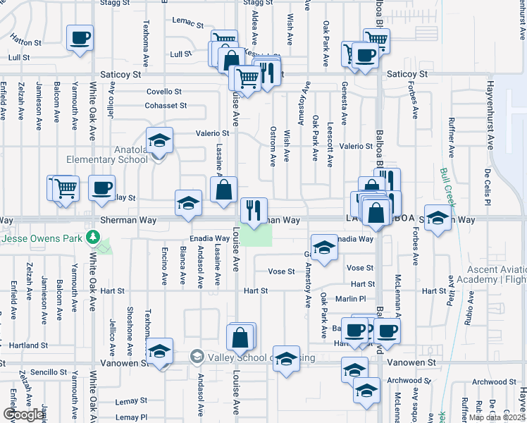 map of restaurants, bars, coffee shops, grocery stores, and more near 17217 Sherman Way in Los Angeles