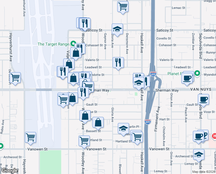 map of restaurants, bars, coffee shops, grocery stores, and more near 15919 Sherman Way in Los Angeles