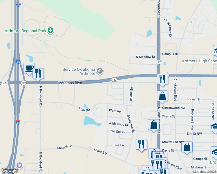 map of restaurants, bars, coffee shops, grocery stores, and more near 2410 Cimmaron Drive in Ardmore