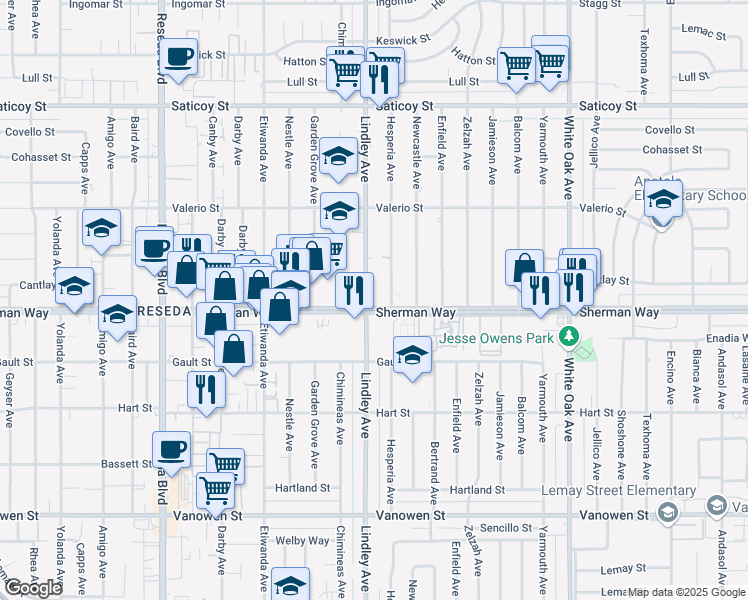 map of restaurants, bars, coffee shops, grocery stores, and more near 18041 Sherman Way in Los Angeles