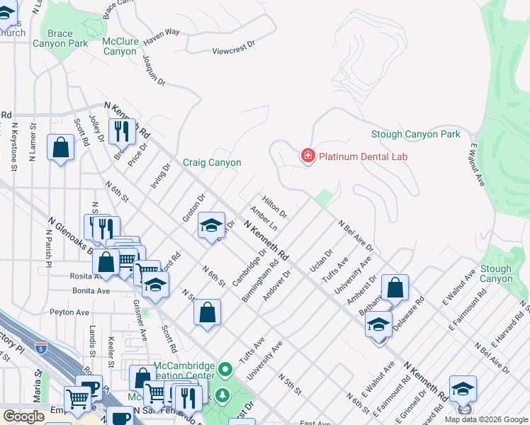 map of restaurants, bars, coffee shops, grocery stores, and more near 1906 Amber Lane in Burbank