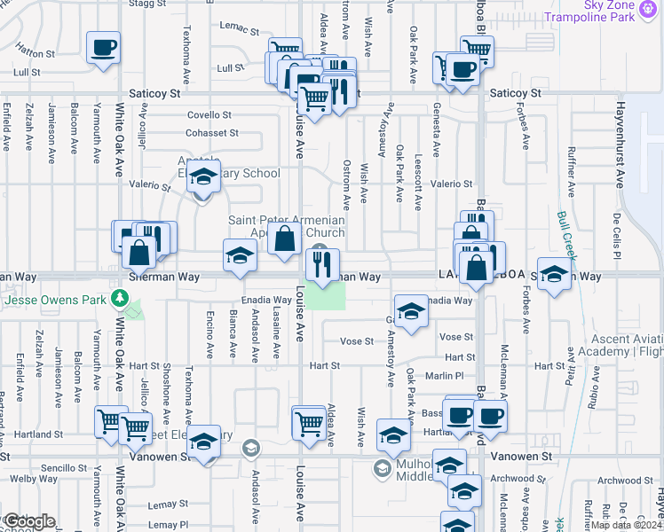 map of restaurants, bars, coffee shops, grocery stores, and more near 17221 Sherman Way in Los Angeles