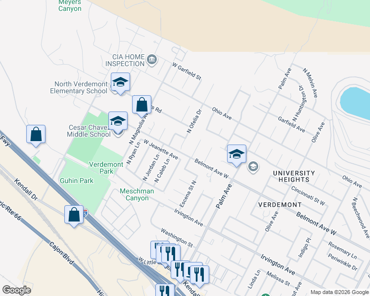 map of restaurants, bars, coffee shops, grocery stores, and more near 6643 North Ofelia Drive in San Bernardino