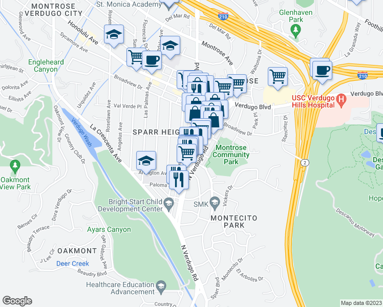 map of restaurants, bars, coffee shops, grocery stores, and more near 3441 Ocean View Boulevard in Glendale