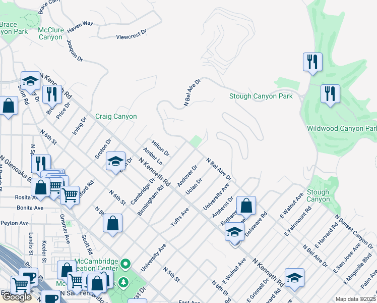 map of restaurants, bars, coffee shops, grocery stores, and more near 937 Birmingham Road in Burbank