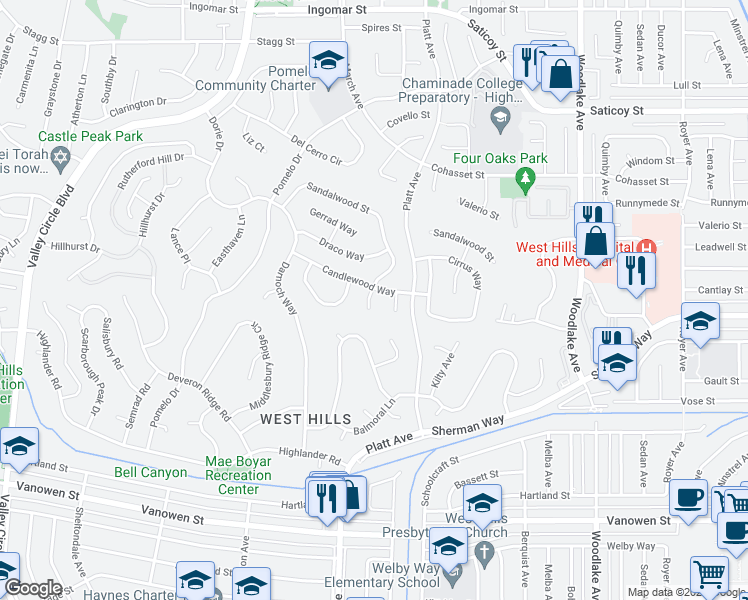 map of restaurants, bars, coffee shops, grocery stores, and more near 7232 Hyannis Drive in Los Angeles