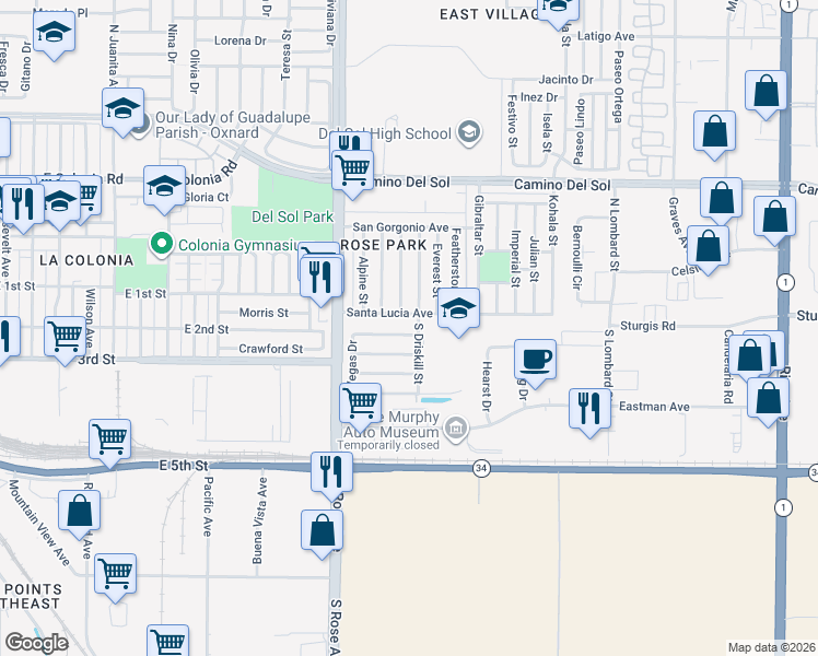 map of restaurants, bars, coffee shops, grocery stores, and more near 1911 Haaz Way in Oxnard