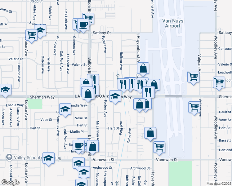 map of restaurants, bars, coffee shops, grocery stores, and more near 16721 Sherman Way in Los Angeles