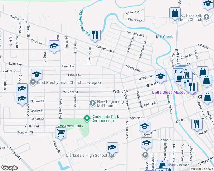 map of restaurants, bars, coffee shops, grocery stores, and more near 430 Catalpa St in Clarksdale