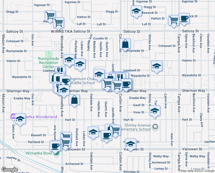 map of restaurants, bars, coffee shops, grocery stores, and more near 19763 Sherman Way in Los Angeles