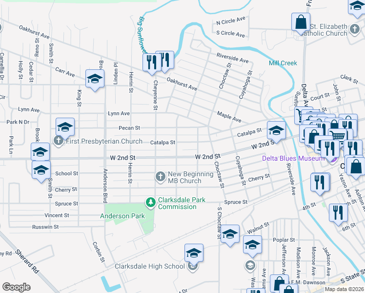 map of restaurants, bars, coffee shops, grocery stores, and more near 430 Catalpa Street in Clarksdale