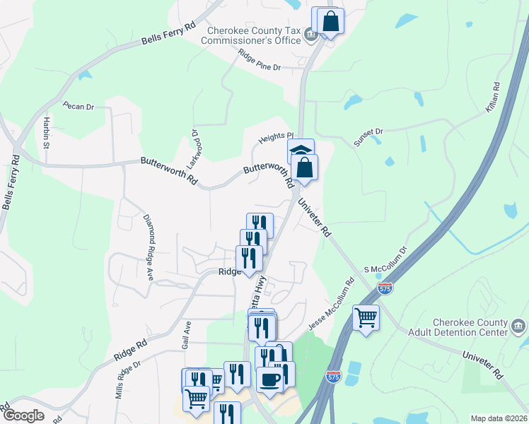 map of restaurants, bars, coffee shops, grocery stores, and more near 3330 Marietta Highway in Canton