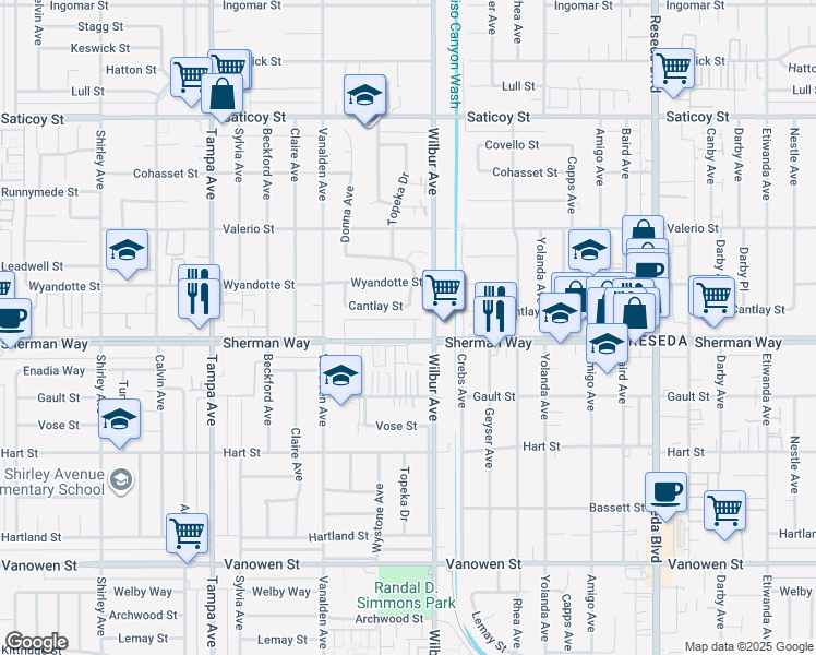 map of restaurants, bars, coffee shops, grocery stores, and more near 18945 Sherman Way in Los Angeles