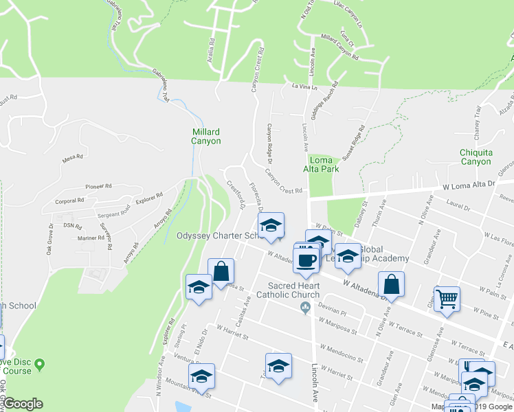 map of restaurants, bars, coffee shops, grocery stores, and more near 3285 Florecita Drive in Altadena