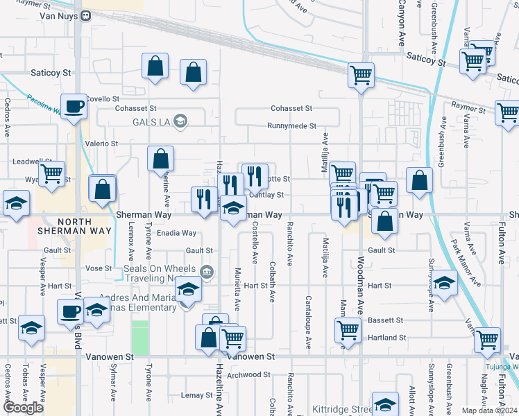map of restaurants, bars, coffee shops, grocery stores, and more near 13951 Sherman Way in Los Angeles