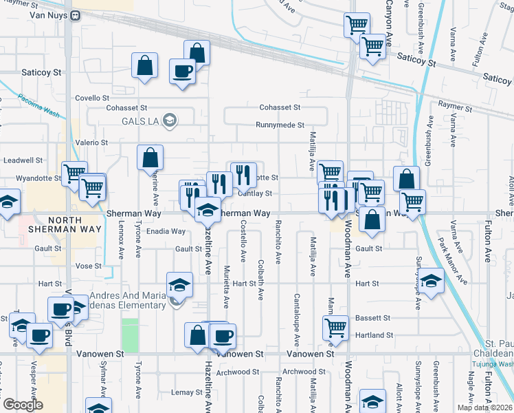 map of restaurants, bars, coffee shops, grocery stores, and more near 7882-2 Van Nuys Boulevard in Los Angeles