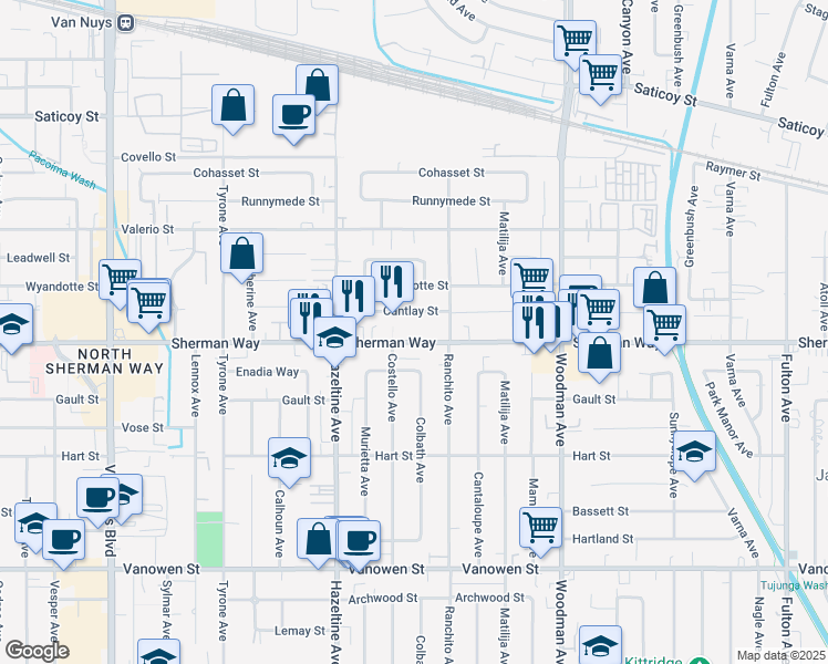 map of restaurants, bars, coffee shops, grocery stores, and more near 13941 Sherman Way in Van Nuys