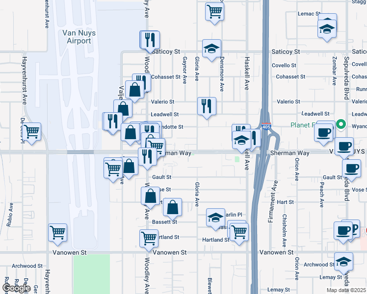 map of restaurants, bars, coffee shops, grocery stores, and more near 15945 Sherman Way in Los Angeles