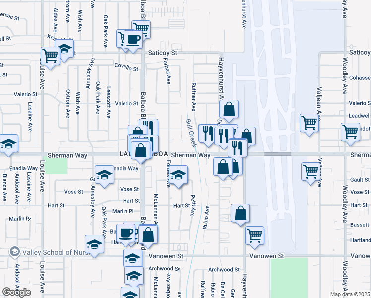map of restaurants, bars, coffee shops, grocery stores, and more near 16731 Sherman Way in Los Angeles