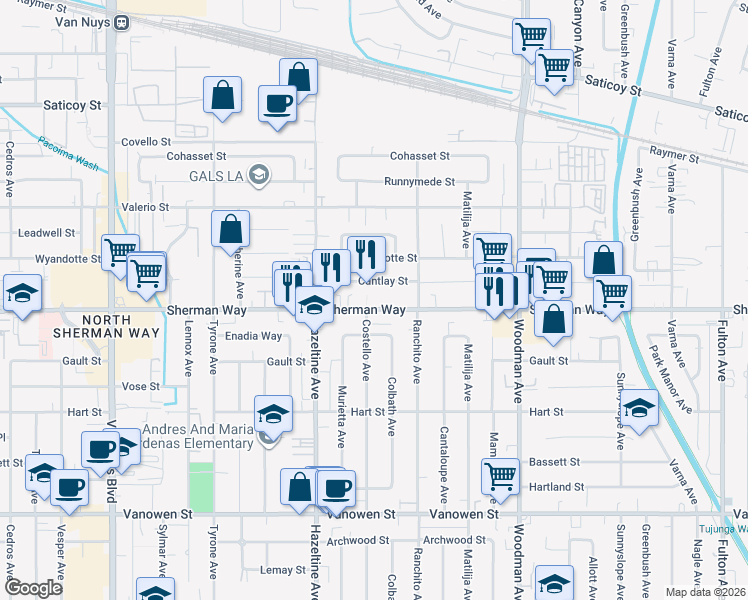 map of restaurants, bars, coffee shops, grocery stores, and more near 13951 Sherman Way in Los Angeles