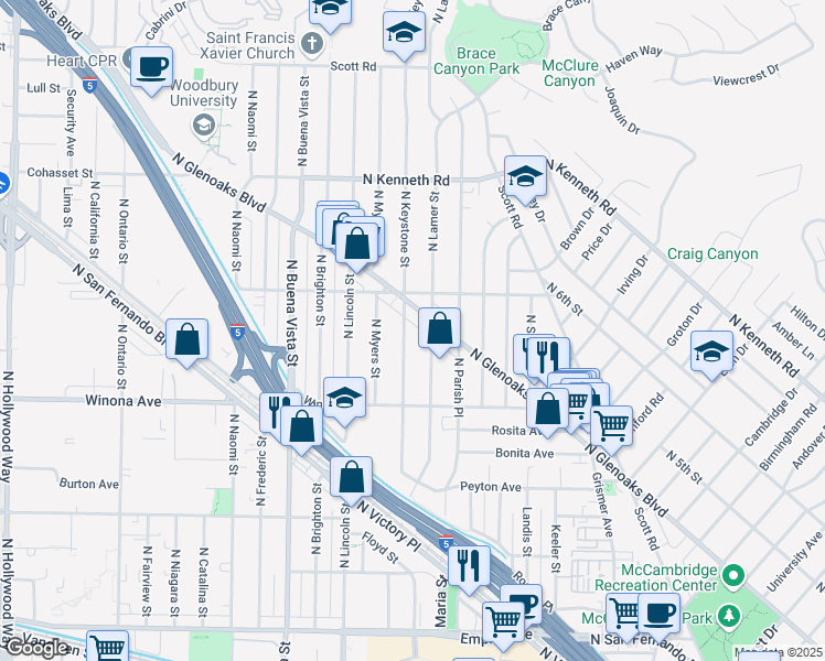 map of restaurants, bars, coffee shops, grocery stores, and more near 2420 North Keystone Street in Burbank