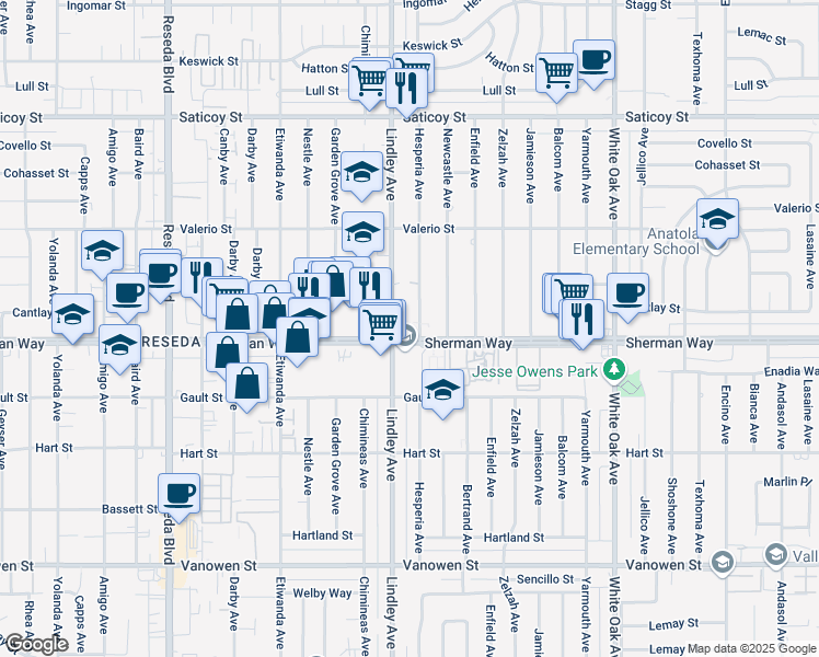 map of restaurants, bars, coffee shops, grocery stores, and more near 18041 Sherman Way in Los Angeles